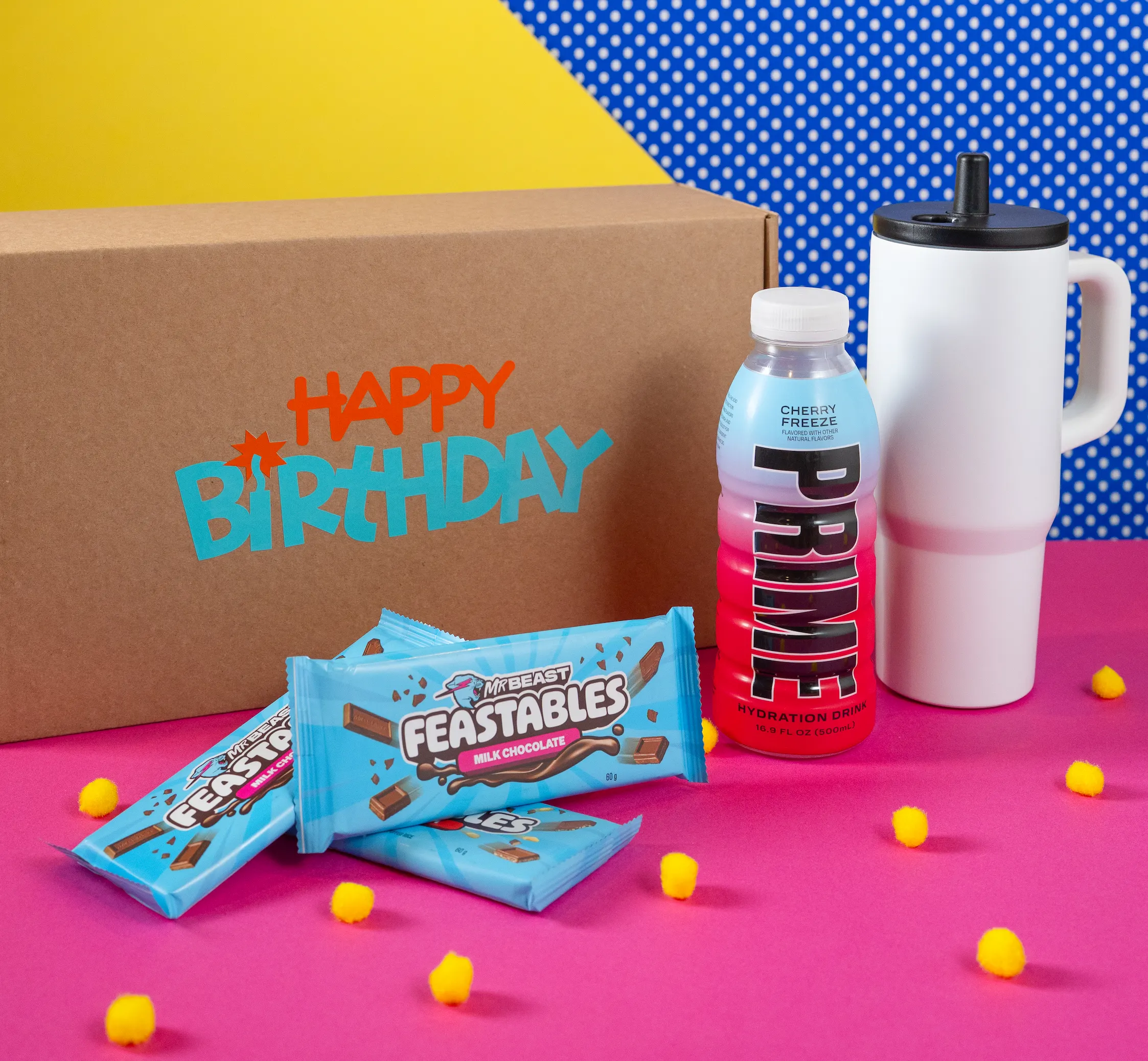 Caja de carton con Termo, Prime y 3 Feastables