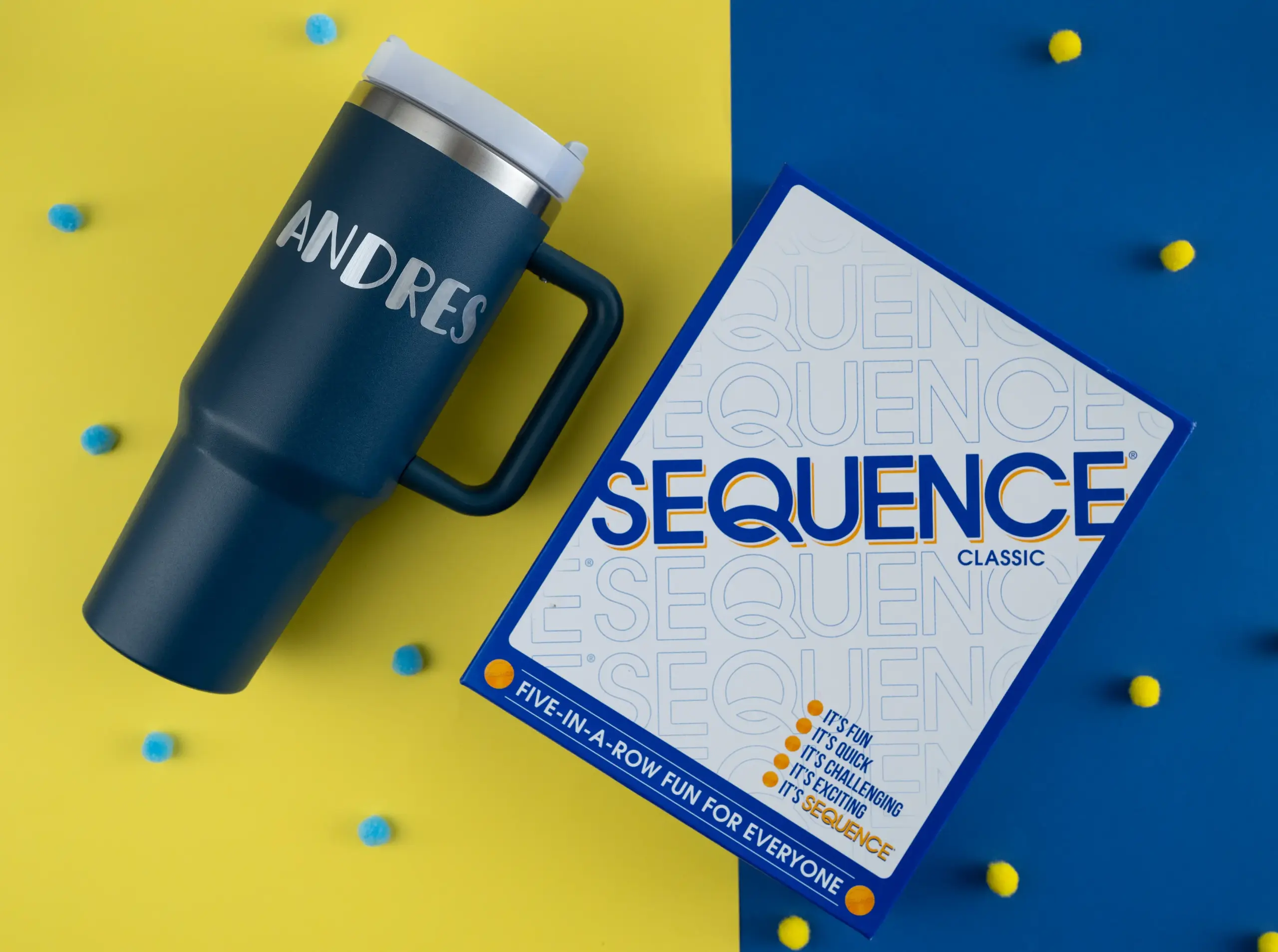 Set juego de mesa Sequence y Termo personalizado